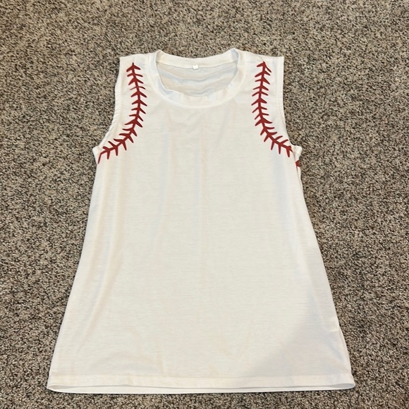 Baseballism Tops - White Sleeveless Top with Red Stitch Baseball Design